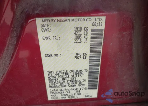 2015 Nissan Altima 2.5/2.5 S/2.5 Sl/2.5 Sv from USA, damaged, VIN 1N4AL3AP7FC468376